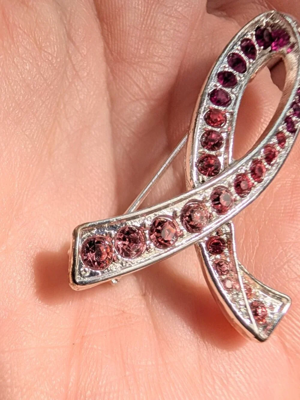 Vintage Pink Rhinestone Ribbon Brooch